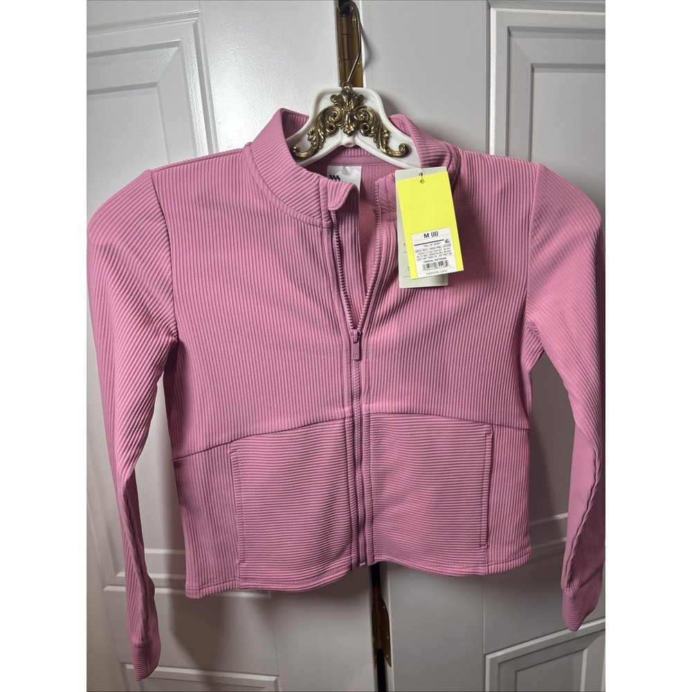 NEW All in Motion Jacket Girls MED 8 Pink Full Zip Ribbed Slim Fit Cropped NEW